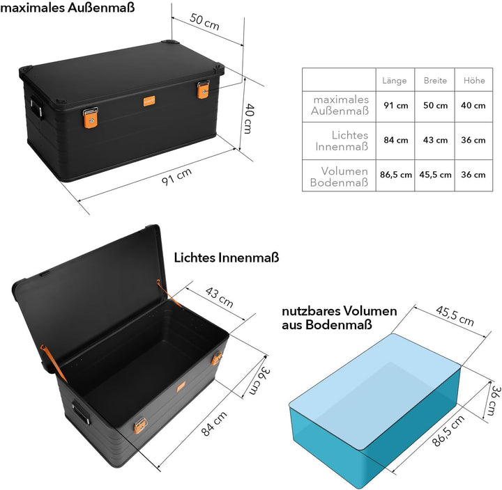 Alubox Alukiste abschliessbar E141B - Premium Aluminium Lagerbox 141 Liter - Deckel mit Aluminium Dr