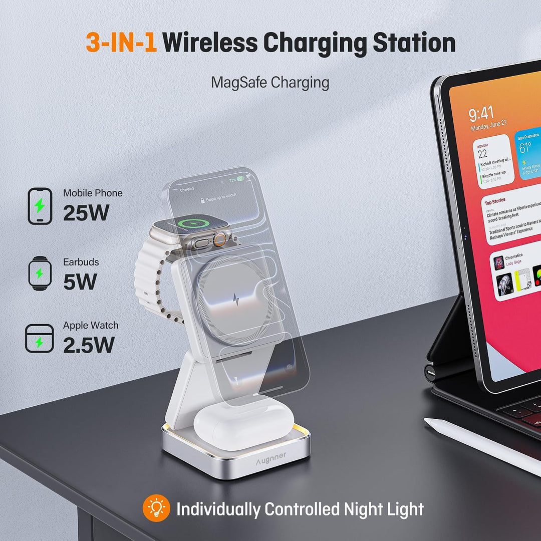 Augnner[Ultraschnell 25W] 3 in 1 Kabellose Ladestation für Apple, 25W Faltbar Induktive Ladestation