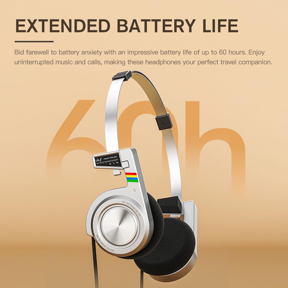 iKF R3 Kopfhörer Kabellos Bluetooth Retro, Vintage On Ear Headphones, bis zu 60 Stunden Spielzeit, D