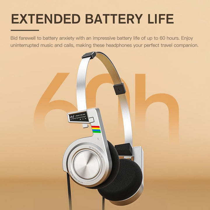 iKF R3 Kopfhörer Kabellos Bluetooth Retro, Vintage On Ear Headphones, bis zu 60 Stunden Spielzeit, D