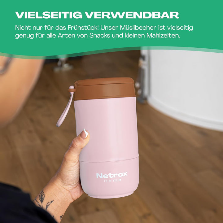 NetroxHome - Müslibecher To Go mit Löffel, Auslaufsicherer Joghurtbecher aus Edelstahl, Lunchbox, Mü