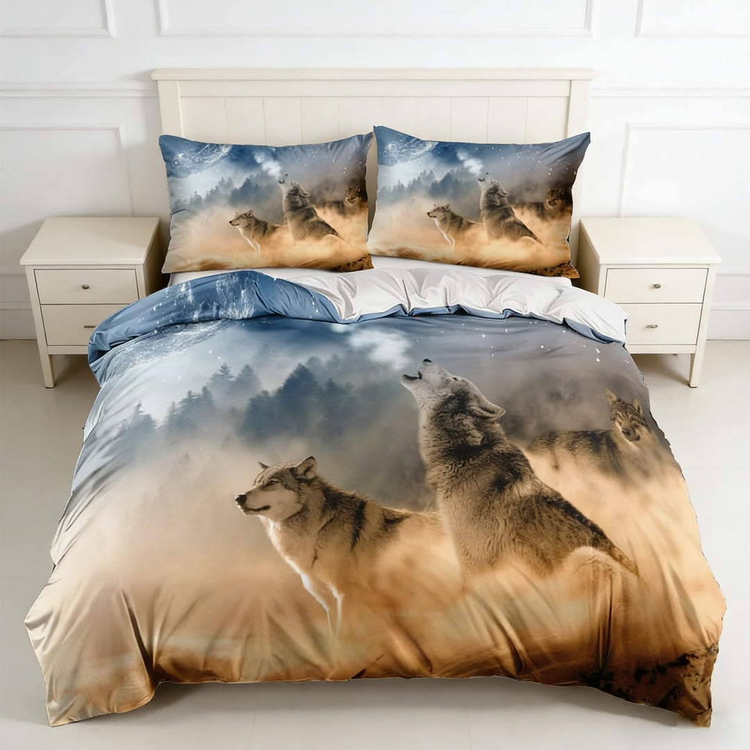 3D Wolf Theme Muster Bettbezug,3D Realistisches Tier Wolf Motiv Bettwäsche Set,Wolf-Motiv-Druck-Desi