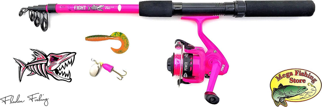 Fladen Kinderangel Starter Set Tele Spinning Combo Grün/Orange/Pink Teleskop Rute Rolle Schnur Spinn