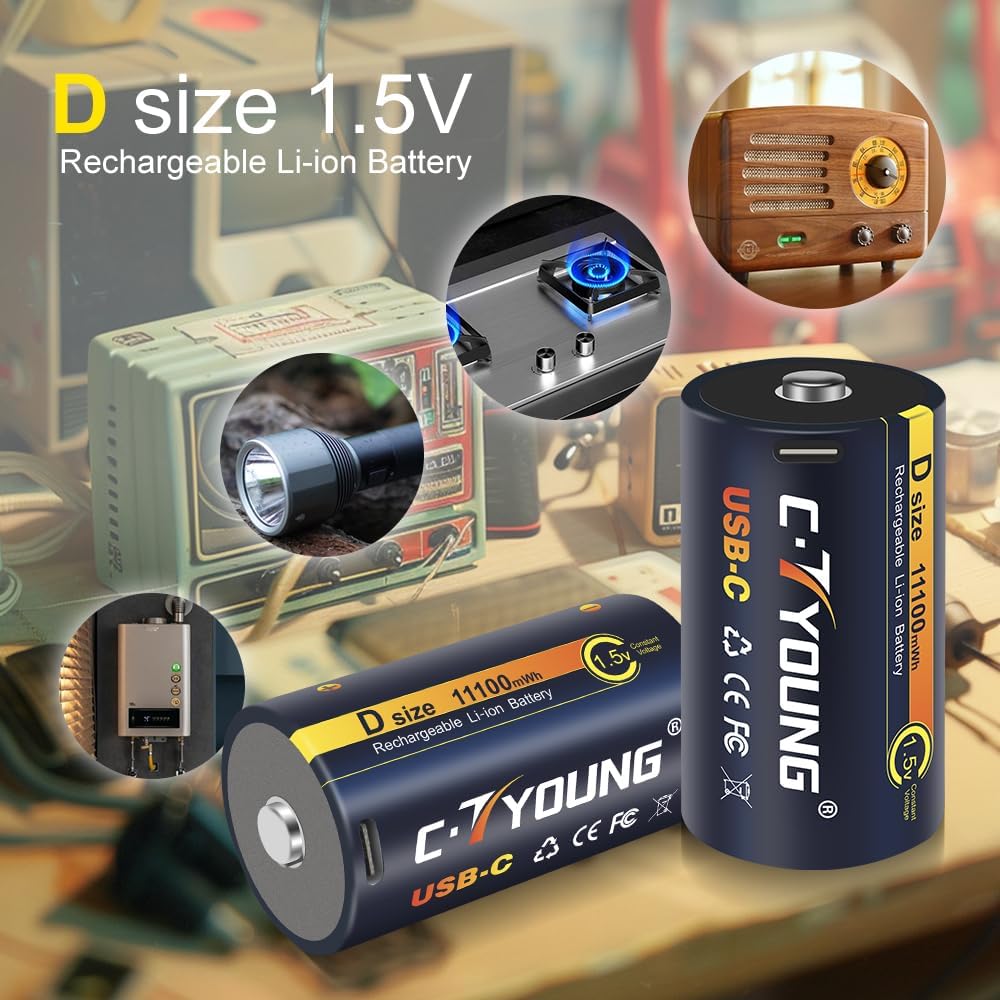 Wiederaufladbare D Batterien mit USB Typ-C Universalladegerät, 4er-Pack 1,5V Lithium D-Zelle 11000mW