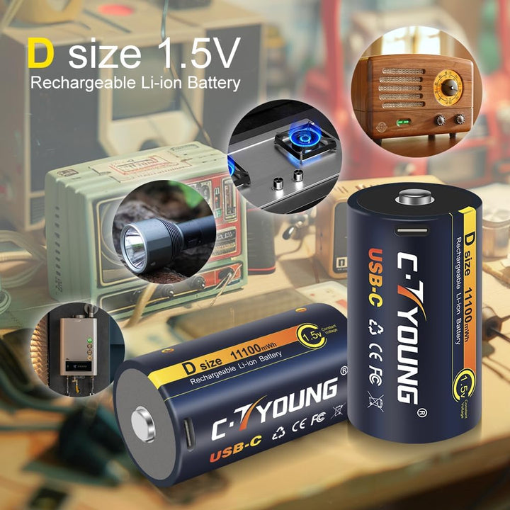 Wiederaufladbare D Batterien mit USB Typ-C Universalladegerät, 4er-Pack 1,5V Lithium D-Zelle 11000mW
