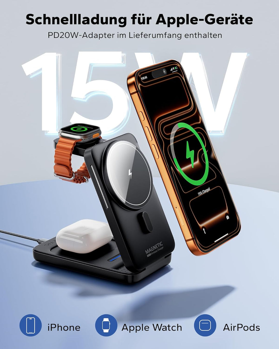 KPON Magsafe Ladestation für Apple Watch und iPhone, 3 in 1 Faltbares Magsafe Ladegerät Schnellladun