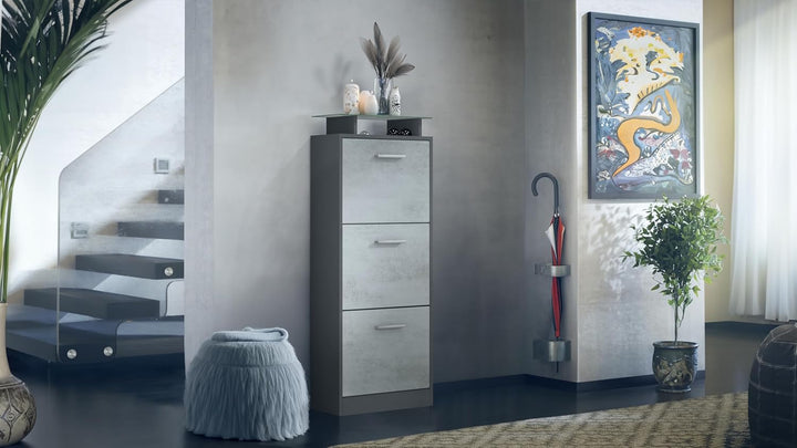 Vladon Schuhschrank Lavia V2, Schuhkipper für 12 Paar Schuhe mit 3 Klappen und Glasablage, Anthrazit