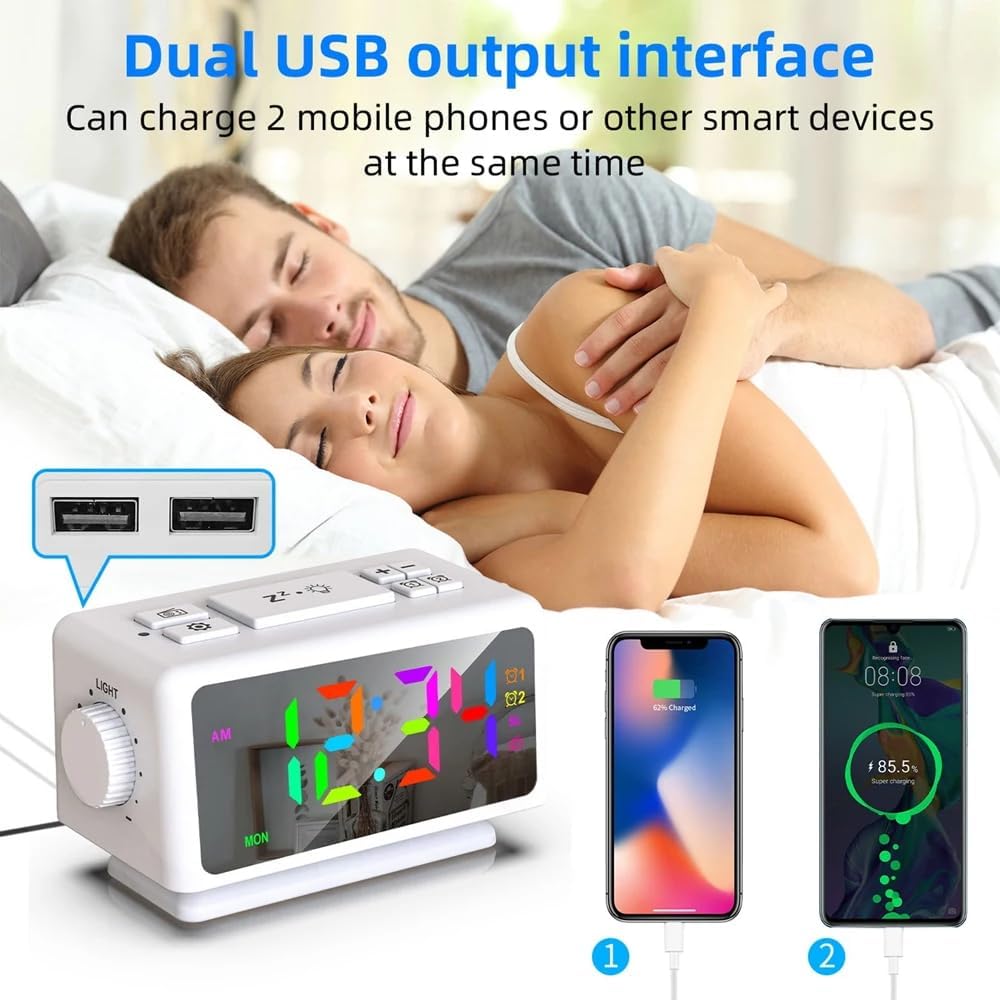 DollaTek Multifunktionaler FM Radio Wecker RGB Spiegel LED Digitalanzeige Desktop Ladeuhr mit Dual U