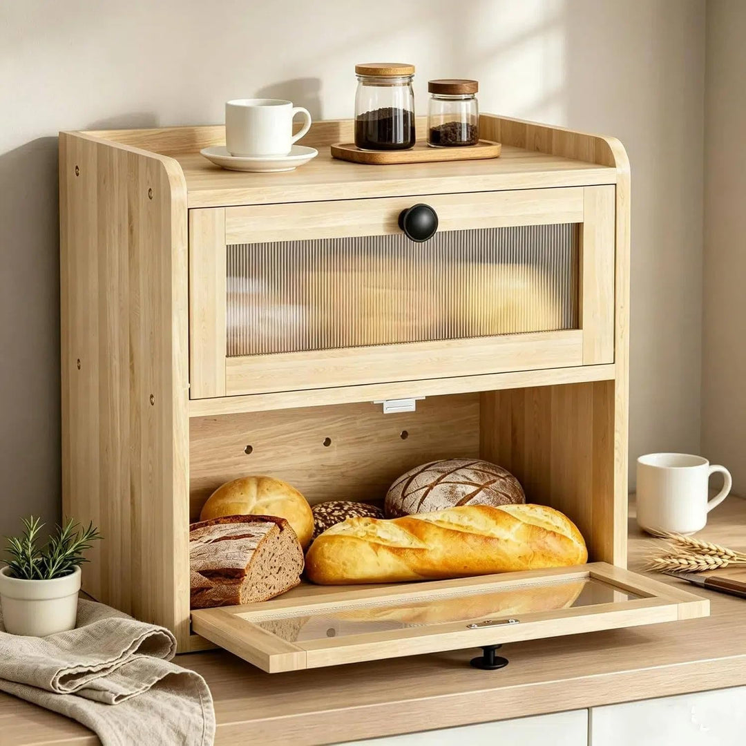 Brotkasten Holz 2 Etagen – Grosser Brotkasten aus massivem Kiefernholz mit Magnetverschluss &amp; Doppel