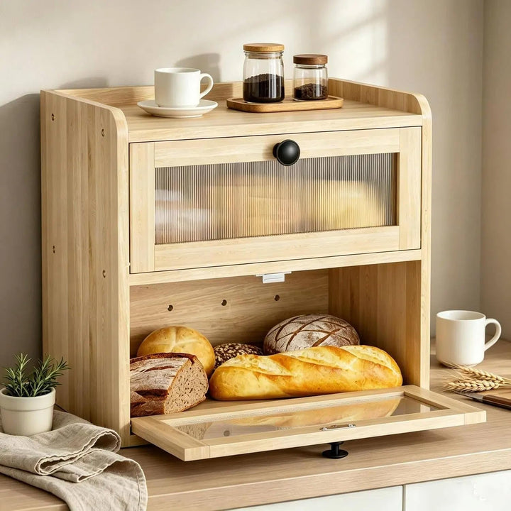 Brotkasten Holz 2 Etagen – Grosser Brotkasten aus massivem Kiefernholz mit Magnetverschluss &amp; Doppel