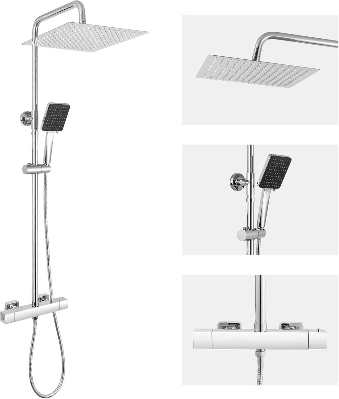 Auralum Thermostat Regendusche Komplettset Chrom Edelstahl mit 30cm Überkopfbrause, Höhenverstellbar