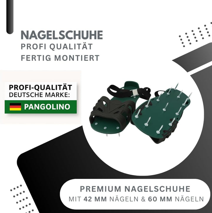Pangolino Nagelschuhe fertig montiert – 42 mm Nägel + 60 mm Nägel - Verwendbar als Rasenbelüfter ode