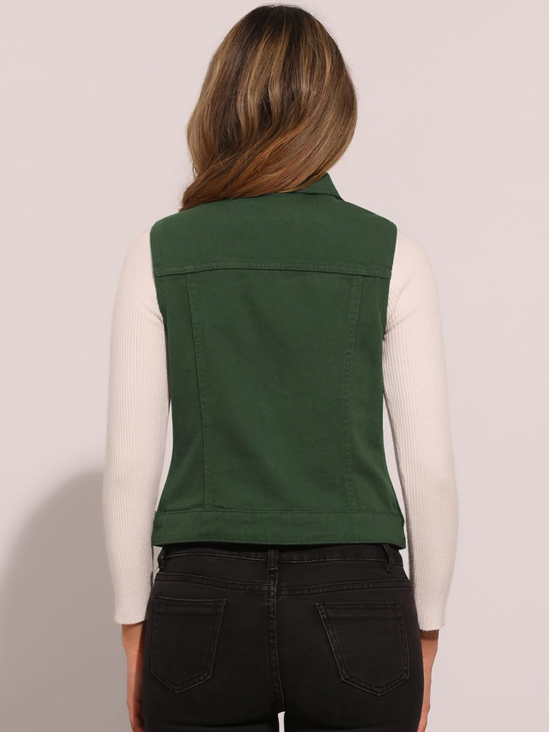 Allegra K Damen Jeansweste Ärmellos Knopfleiste Denim Rever Jacke Westen mit Taschen S Dunkelgrün, S