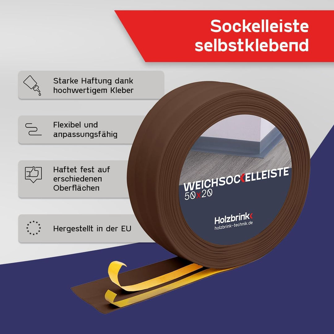 HOLZBRINK Weichsockelleiste selbstklebend SCHOKOLADE Knickleiste, 50x20mm, 25 Meter 25m