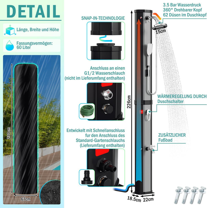 Solardusche 60L Solar Gartendusche warmes Wasser Bis Zu 60°C ohne Stromanschluss Pooldusche Camping