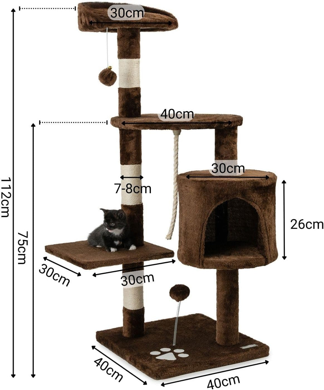 lionto Kratzbaum für Katzen mit 2 Plüschbällen & Spielseil, Höhe 112 cm, Katzenbaum mit Sisalseil &