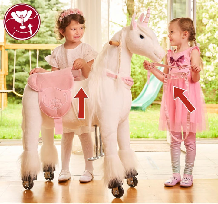 Ponnie Einhorn auf Rollen Merlin - Unicorn M mit rosa Sattel
