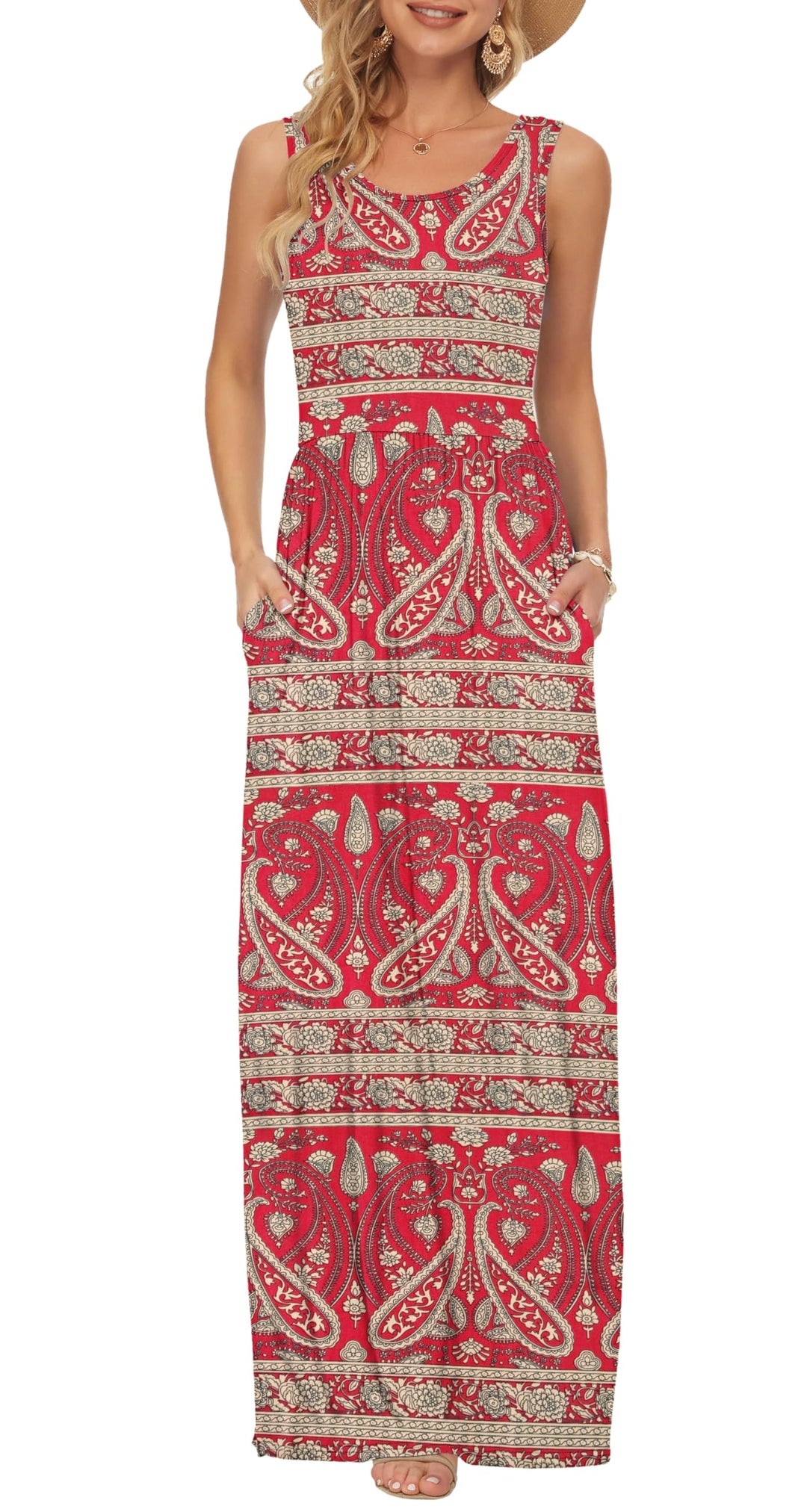 AUSELILY Damen Sommer Ärmelloses Lockeres Maxikleid Lässiges Langes Kleid mit Taschen Boho Blumen Ro
