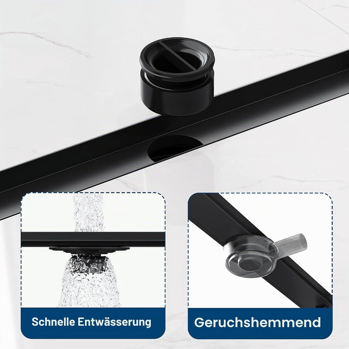 Neodrain Duschrinne 80cm Edelstahl Bodenablauf - 2 in 1 Duschablauf Flach Schwarz mit 360° Siphon, G