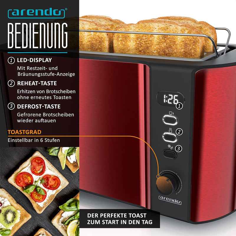 Arendo - Wasserkocher und Toaster Set Edelstahl Rot, Wasserkocher 1,5L, 40° 100°C Warmhaltefunktion