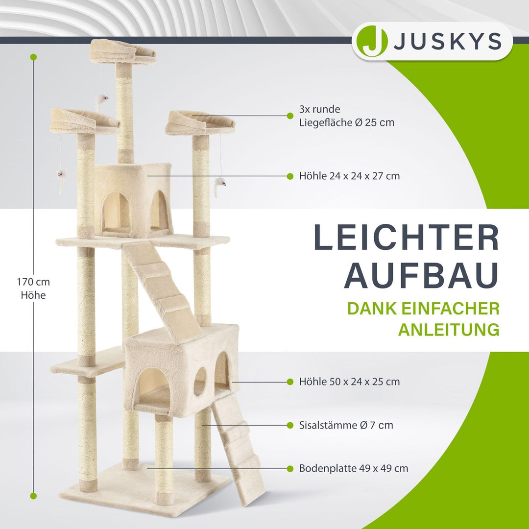 Juskys XXL Kratzbaum Amy beige — Katzenbaum mit Höhlen, Liegeflächen, Leitern & Sisal-Stämmen — Stab