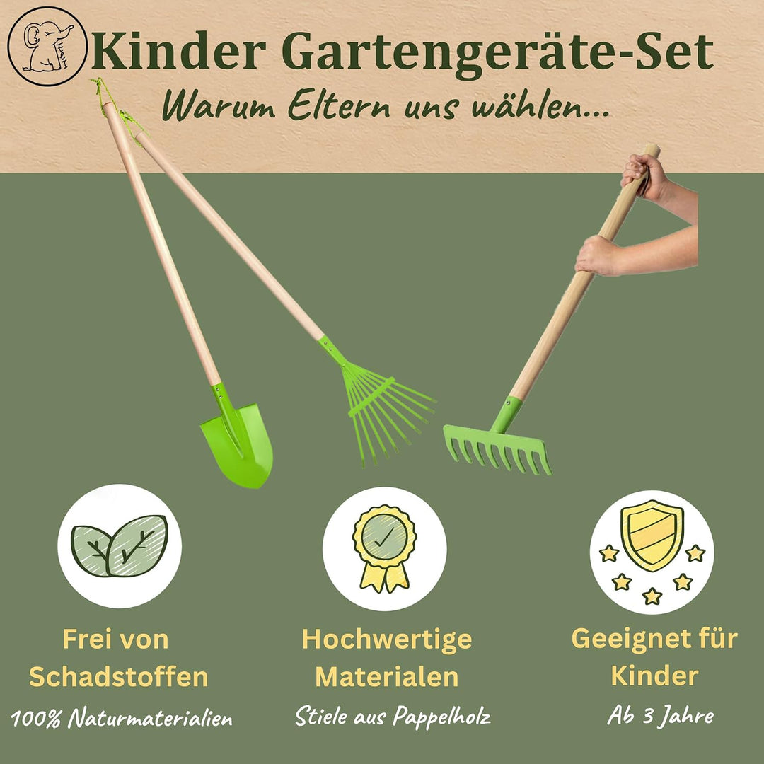 Eli® Gartenwerkzeug Kinder inkl. Spaten - Rechen und Harke - Werkzeug Set | Geschenke für Jungen und