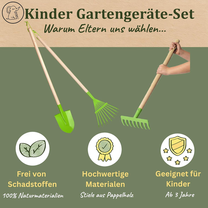 Eli® Gartenwerkzeug Kinder inkl. Spaten - Rechen und Harke - Werkzeug Set | Geschenke für Jungen und