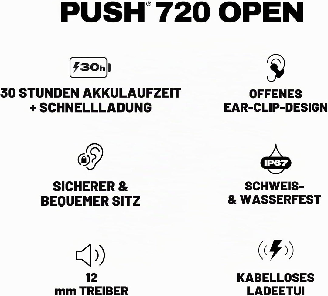 Skullcandy Push 720 Open Wireless Open Ear Bluetooth Earbuds, Headphones, Waterproof, Clip-On Lightw
