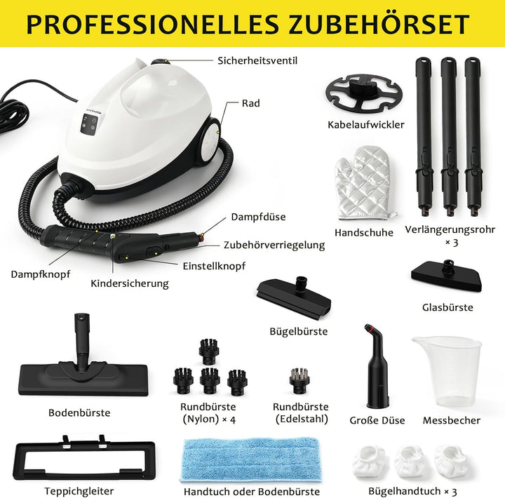 Dampfreiniger, Dampfer Mop Reinigung für Zuhause mit 20 Zubehör | Sicherheitsschloss| Fussboden, Fen