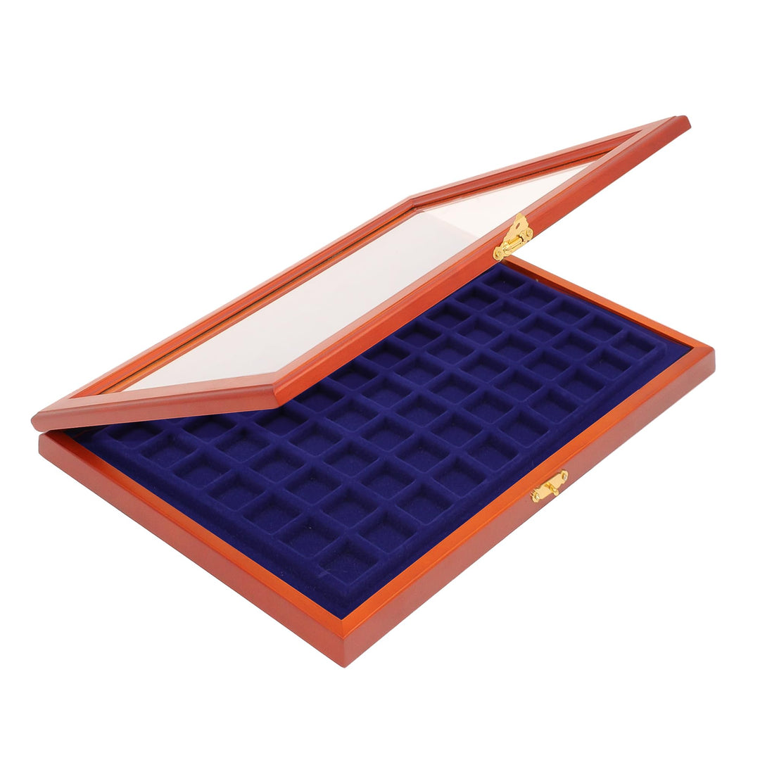 SAFE 5902 Echt Holz Münzkasette für Münzen 25 mm | Münzkassette mit 70 Fächer Königsblaue Samteinlag