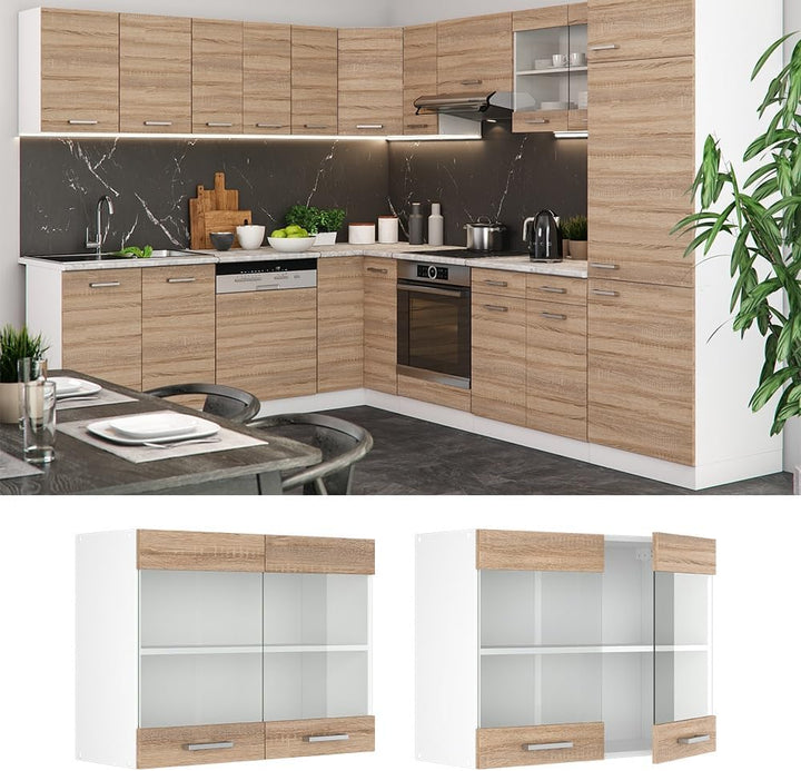 Vicco Küchenschrank Glas R-Line, Sonoma/Weiss, 80 cm Sonoma Hängeglasschrank 80cm, Sonoma Hängeglass