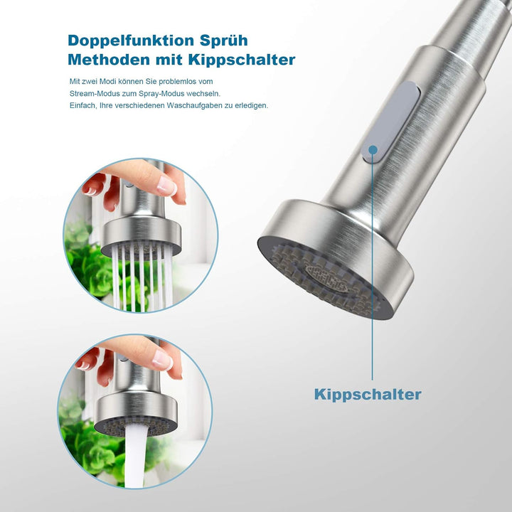 HUAHOMDY Modern low pressure kitchen tap 360° schwenkbarer Mischer Ausziehbarer Wasserhahn für die S