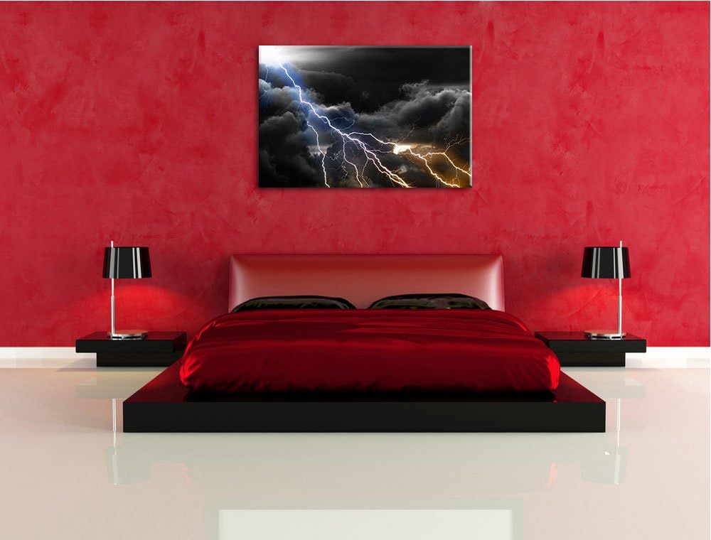 Blitze am Himmel schwarz/weiss Format: 100x70 auf Leinwand, XXL riesige Bilder fertig gerahmt mit Ke