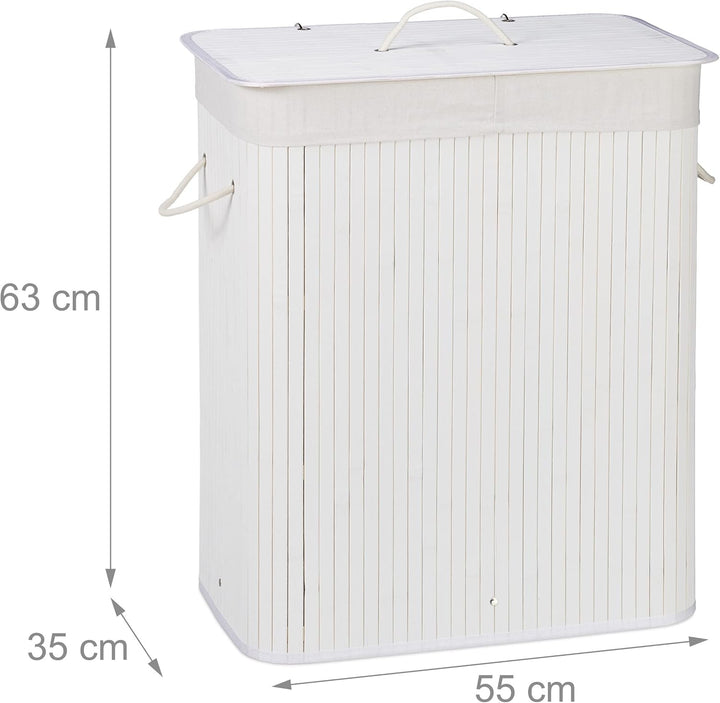 Relaxdays Wäschekorb Bambus mit Deckel, rechteckiger Wäschesammler, 2 Fächer, 95 l Volumen, faltbare
