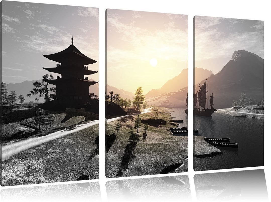 Pixxprint asiatischer Tempel an Fluss als Leinwandbild/Grösse: 3 Teilig (120x80 cm) cm/Wandbild/Kuns