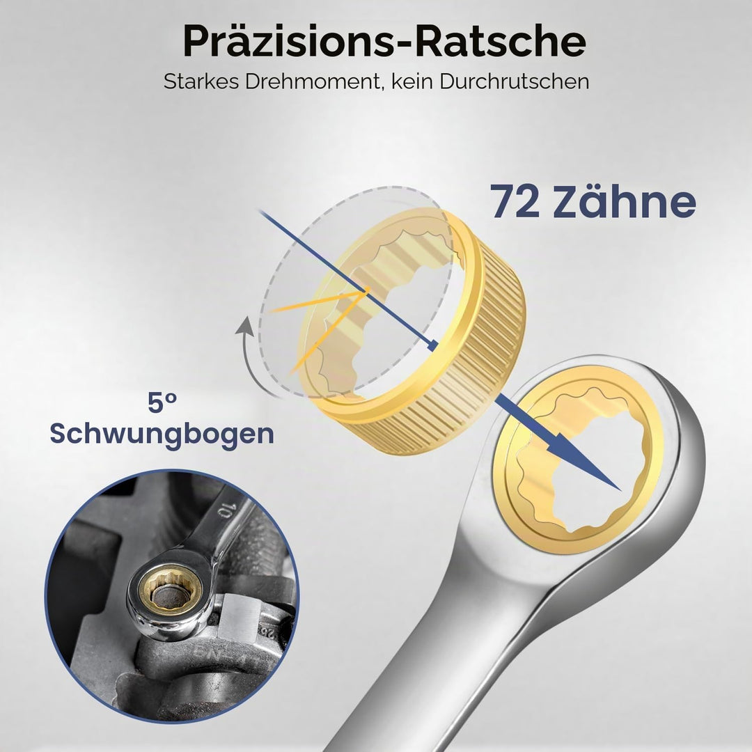 11TLG Ratschenschlüssel Set 6-19 mm, 72-Zähne-Gold-Ringmaulschlüssel Set, Cr-V-Stahl mit Rolltasche,