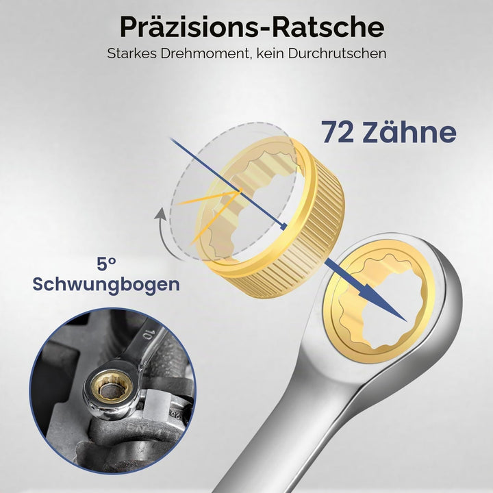 11TLG Ratschenschlüssel Set 6-19 mm, 72-Zähne-Gold-Ringmaulschlüssel Set, Cr-V-Stahl mit Rolltasche,