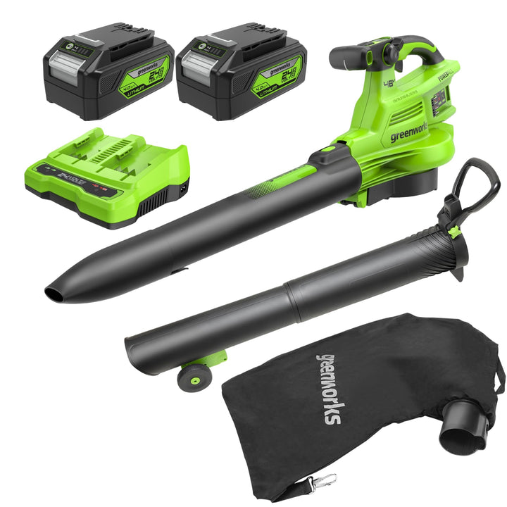 Greenworks 48V(24V x 2) Akku Laubsauger - Laubbläser mit Schultergurt, bürstenloser Motor, 386 km/h,