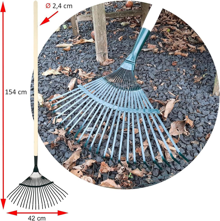 Laubrechen Garten Laub Fächer Rechen Besen Fächerbesen Metall grün lackiert mit 22 Zinken und Stiel