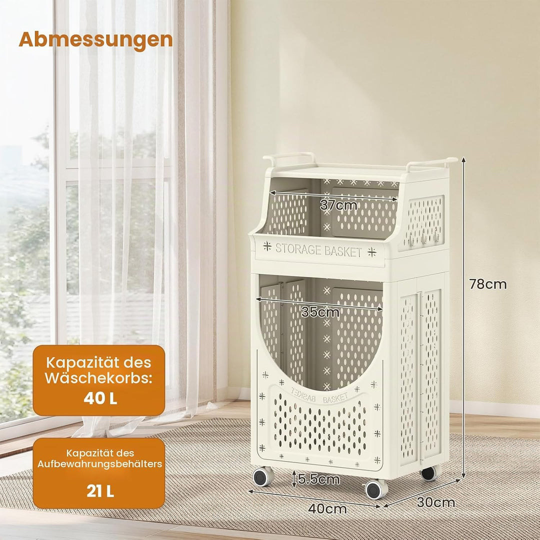 LIFEZEAL Wäschekorb auf Rädern, Faltbarer Wäschesammler mit 6/8 Haken &amp; 3/4 Ebenen, Mobile Wäschebox