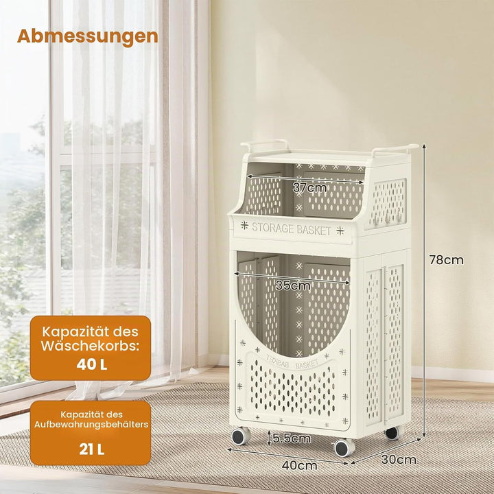 LIFEZEAL Wäschekorb auf Rädern, Faltbarer Wäschesammler mit 6/8 Haken &amp; 3/4 Ebenen, Mobile Wäschebox