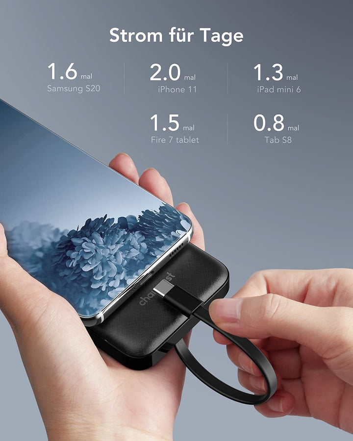 Charmast Powerbank 10000mAh Externer Akku USB C Power Bank mit 4 integriertes Ladekabel Tragbares La