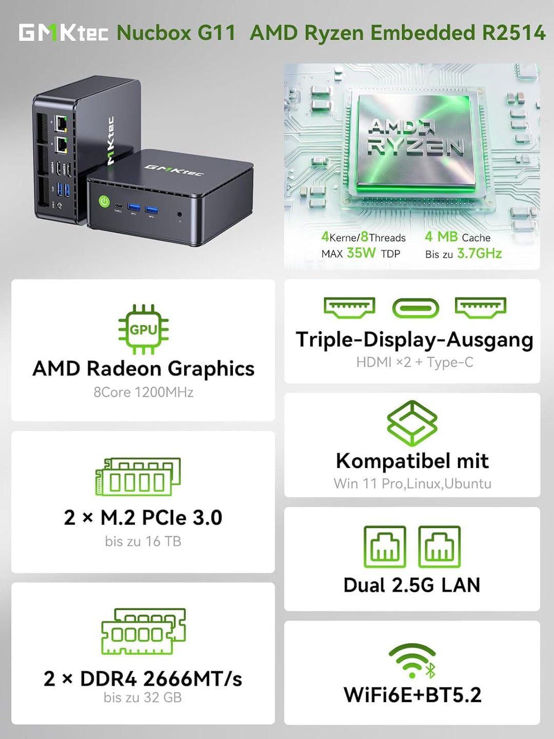 GMKtec G3S N95 Mini PC Intel 3.4GHz, 3 Jahre Produktschutz, 16GB DDR4 + RAM 512GB SSD, Mini Computer