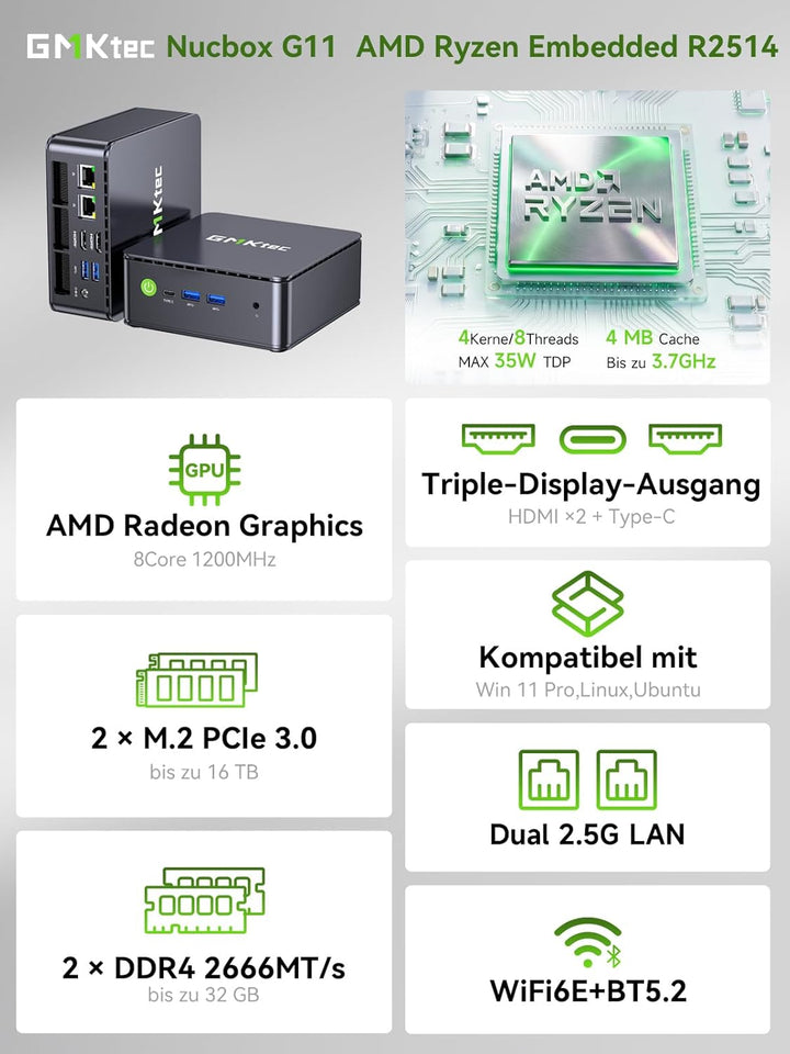 GMKtec G3S N95 Mini PC Intel 3.4GHz, 3 Jahre Produktschutz, 16GB DDR4 + RAM 512GB SSD, Mini Computer