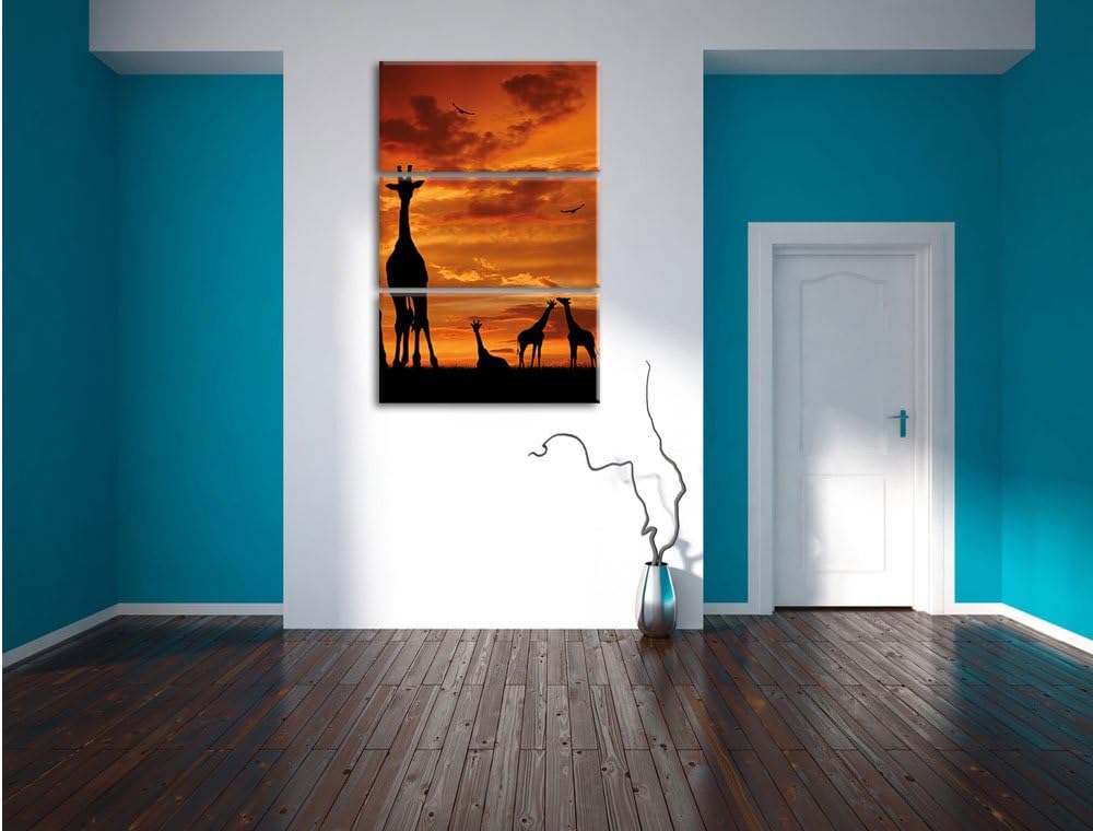 Pixxprint Afrika Giraffen im Sonnenuntergang 3-Teiler Leinwandbild 120x80 Bild auf Leinwand