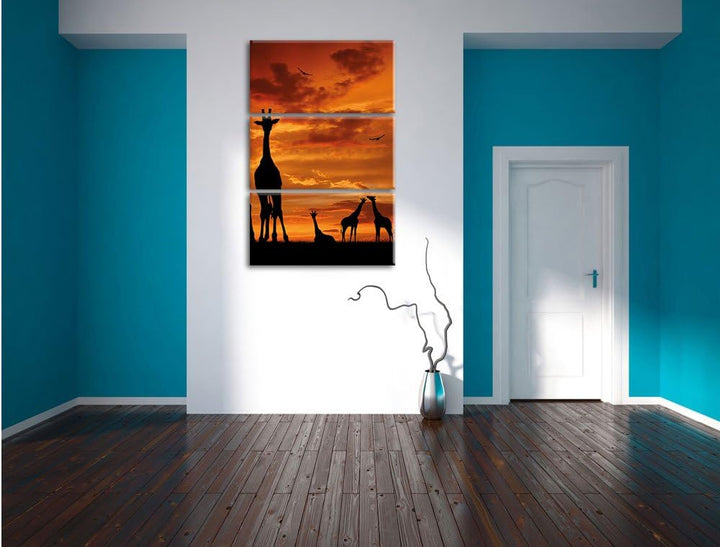 Pixxprint Afrika Giraffen im Sonnenuntergang 3-Teiler Leinwandbild 120x80 Bild auf Leinwand