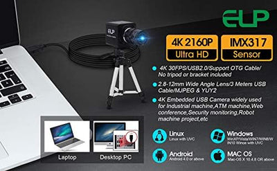 ELP 4K Web Kamera,Ultra HD IMX317 USB Kamera mit 5-50mm Zoom Objektiv,PC Mini Webkamera Unterstützun