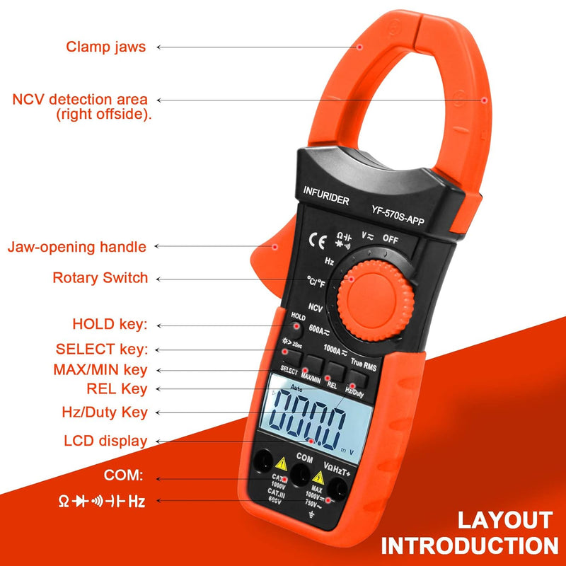 Digital Clamp Meter,INFURIDER YF-570S-APP Bluetooth Clamp Multimeter Zangenmessgerät mit 6000 Counts