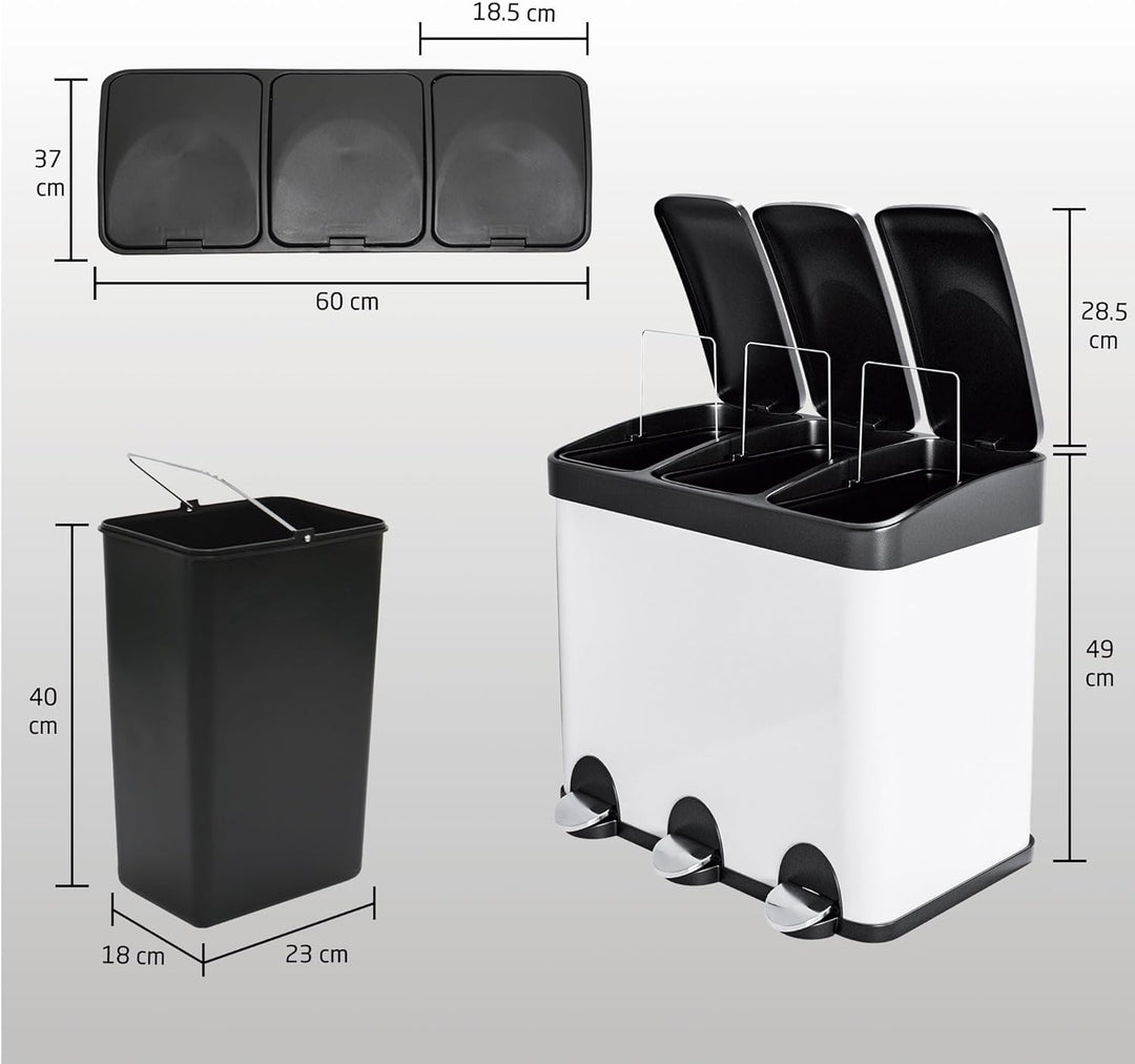 Amig - Dreifacher Mülleimer mit Pedalen 45 Liter | 3 herausnehmbare 15-Liter-Fächer | Recyclingbehäl