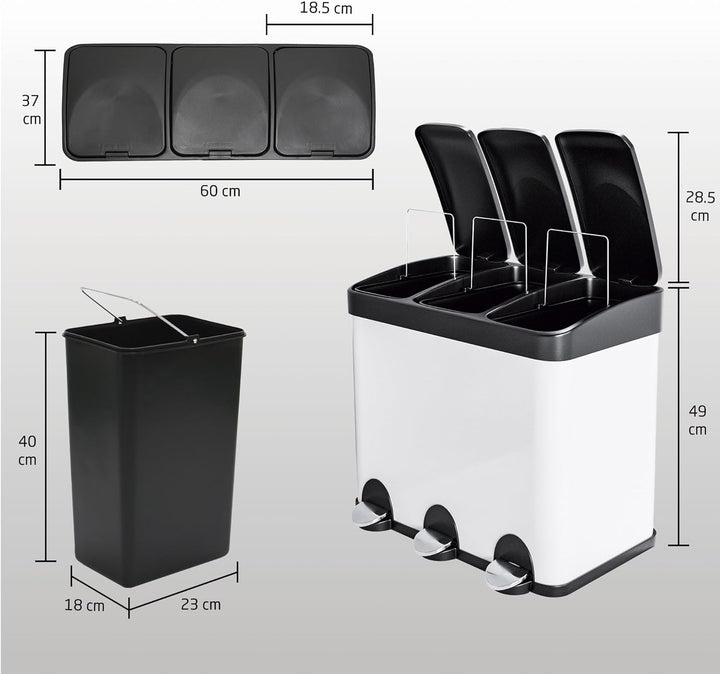 Amig - Dreifacher Mülleimer mit Pedalen 45 Liter | 3 herausnehmbare 15-Liter-Fächer | Recyclingbehäl